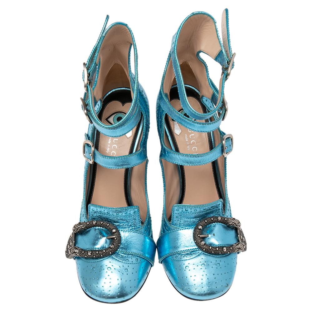 De las mujeres Gucci Azul Metalizado Brogue Cuero Queercore Bombas Tamaño 38.5