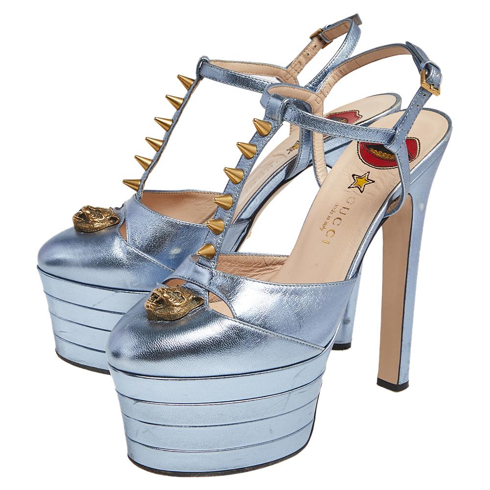 Gucci Metallic Blue Leather Angel T Strap Platform Sandals Size 38