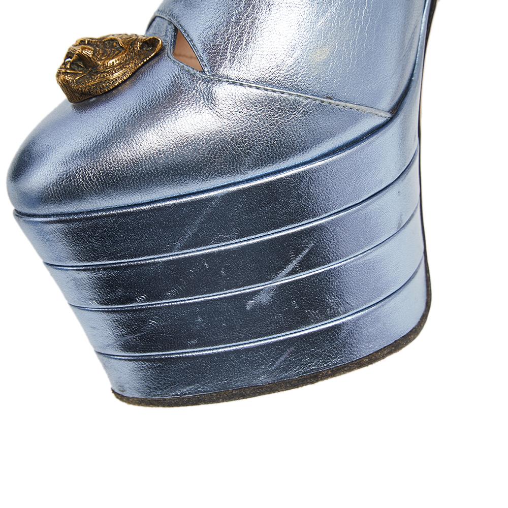 Women's Gucci Metallic Blue Leather Angel T Strap Platform Sandals Size 38