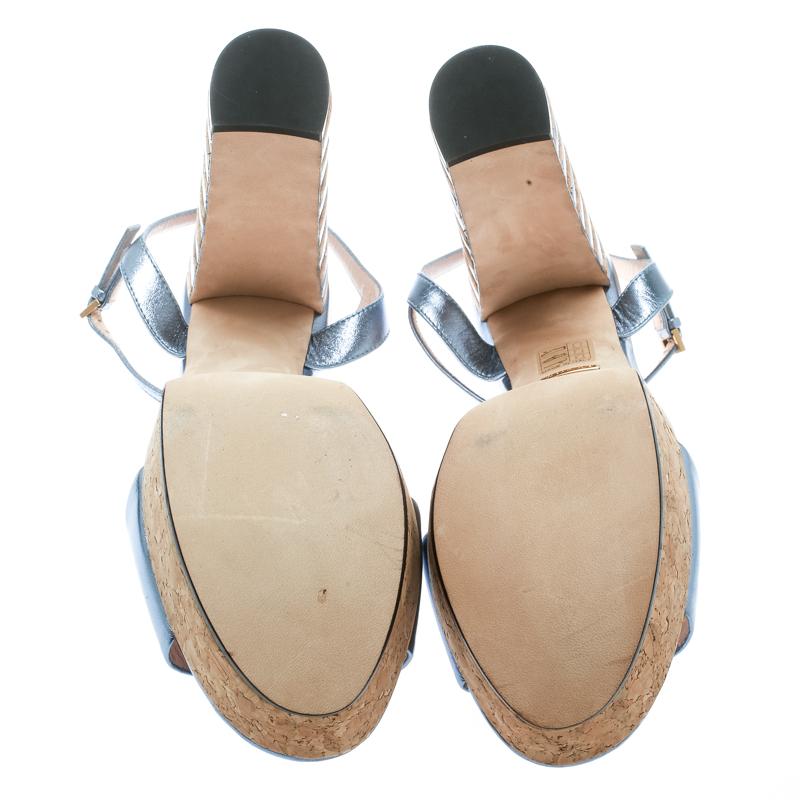 Brown Gucci Metallic Blue Leather Claudie Platform Sandals Size 39
