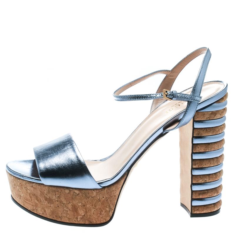 Women's Gucci Metallic Blue Leather Claudie Platform Sandals Size 39