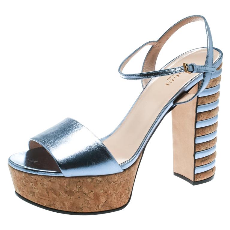 Gucci Metallic Blue Leather Claudie Platform Sandals Size 39 For Sale at  1stDibs