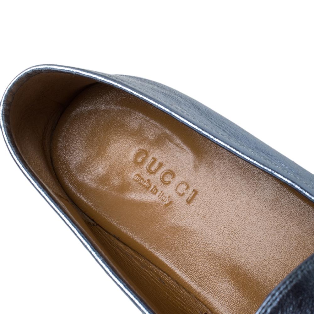 Women's Gucci Metallic Blue Leather Jordaan Horsebit Slip On Loafers Size 40