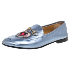 Gucci Metallic Blue Leather Jordaan Horsebit Slip On Loafers Size 40