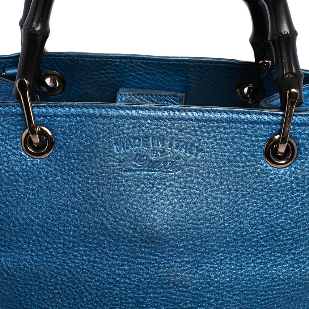 Women's Gucci Metallic Blue Leather Small Bamboo Shopper Tote