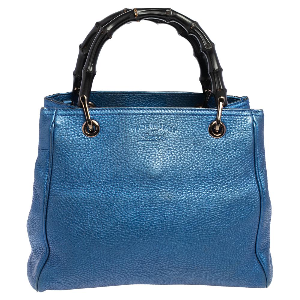 Amazon Jungle Vlucht solo Gucci Metallic Blue Leather Small Bamboo Shopper Tote at 1stDibs | gucci  bamboo blue