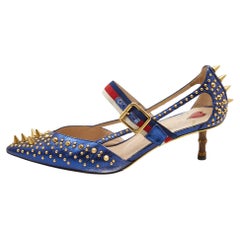 Gucci Metallic Blue Leather Unia Studded Pointed Toe Pumps Size 37.5
