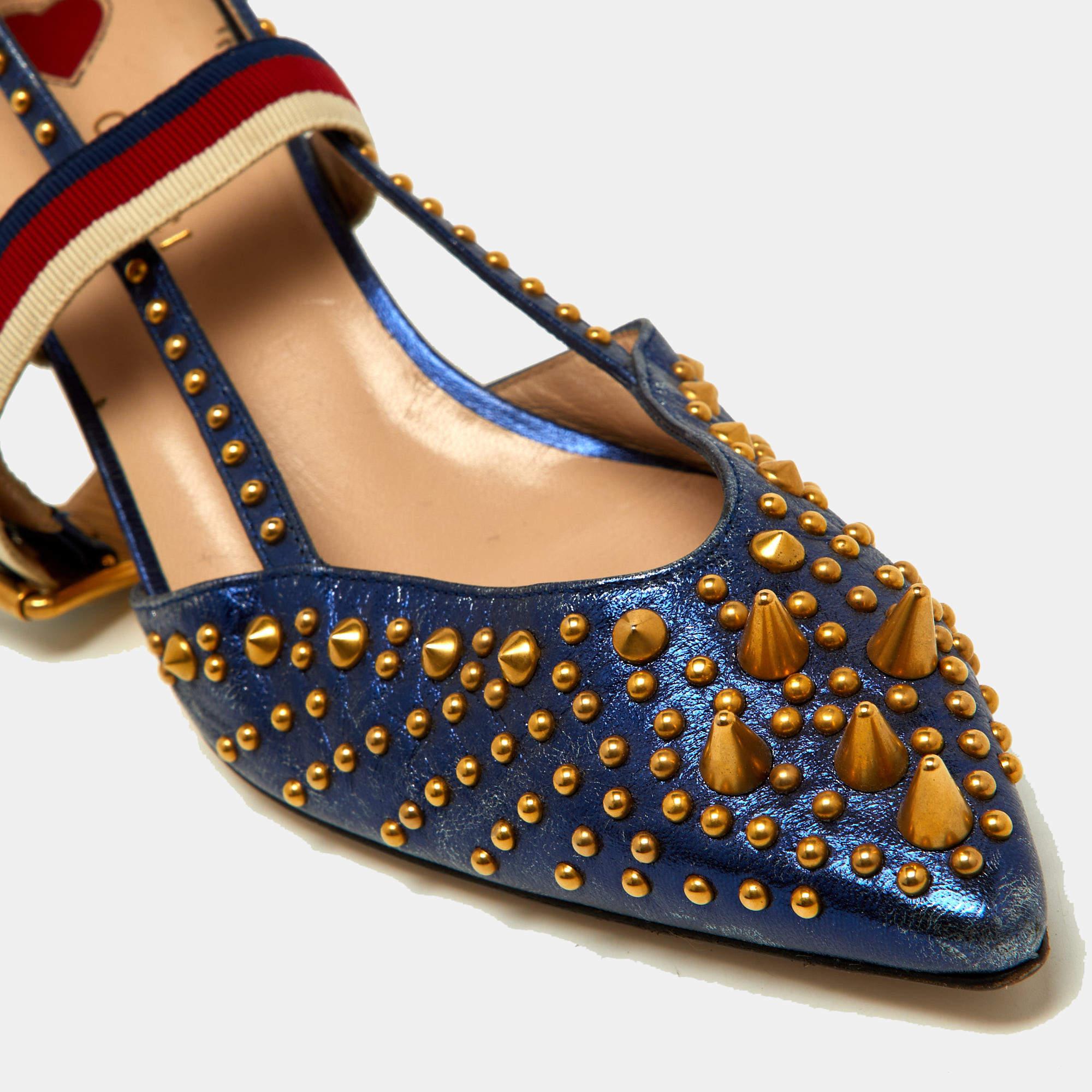 Gucci Metallic Blue Leather Unia Studded Pointed Toe Pumps Size 38 For Sale 1