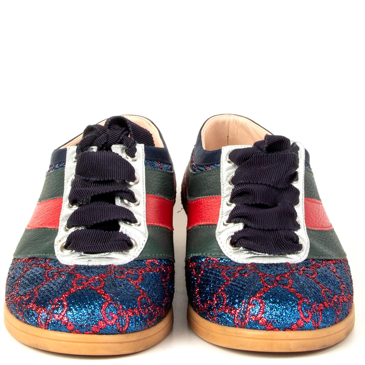 100% authentic Gucci 'Falacer Lurex Web' sneaker in blue and red lurex and green and red leather with ribbon shoe-lace in midnight blue. Iconic bee in golden lurex on the heel. Have been worn and are in virtually new