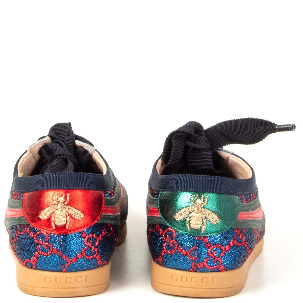 GUCCI metallic blue & red FALACER LUREX WEB Sneakers Shoes 35.5 In Excellent Condition For Sale In Zürich, CH