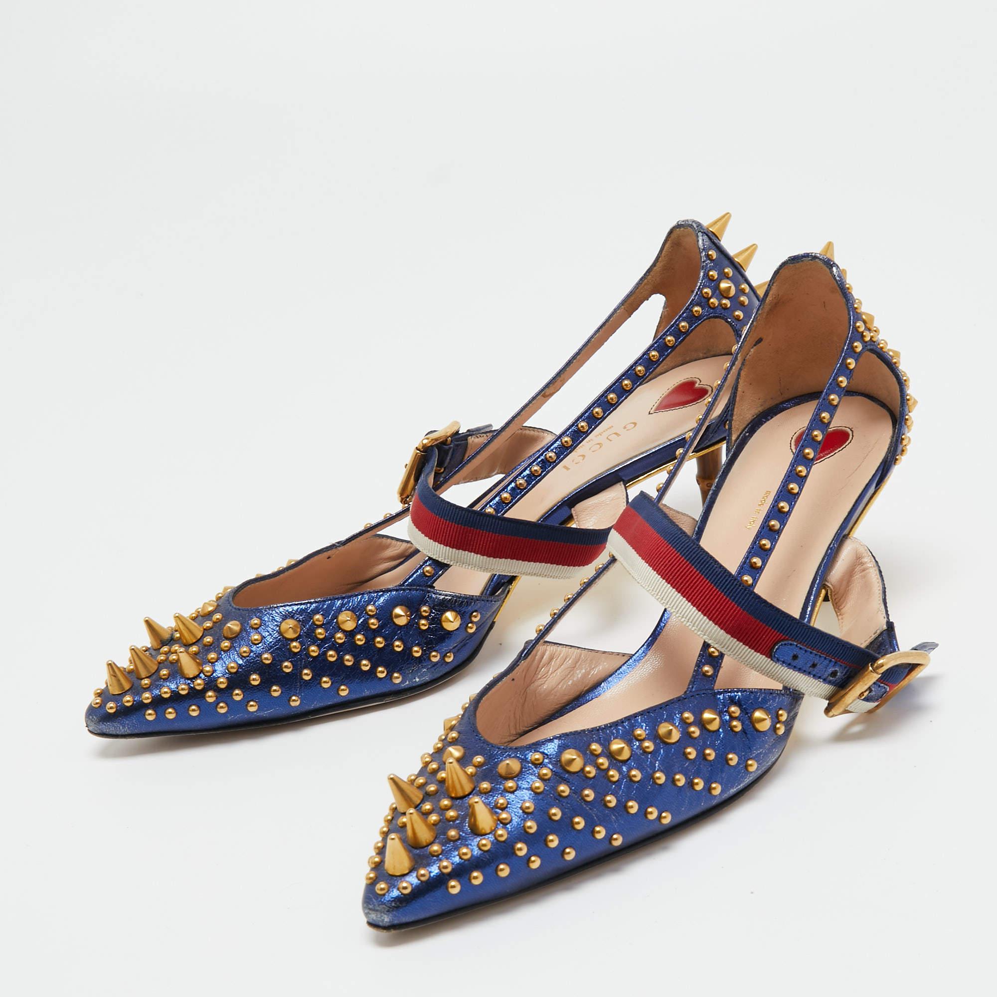 Gucci Metallic Blue Studded Leather Sylvie Mary Jane Pumps Size 37.5 2