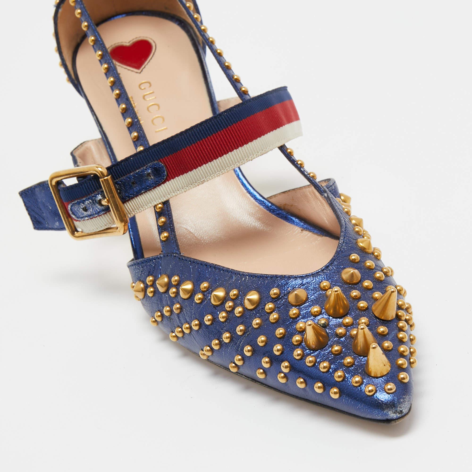 Gucci Metallic Blue Studded Leather Sylvie Mary Jane Pumps Size 37.5 3