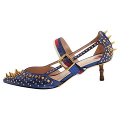 Gucci Metallic Blue Studded Leather Sylvie Mary Jane Pumps Size 37.5