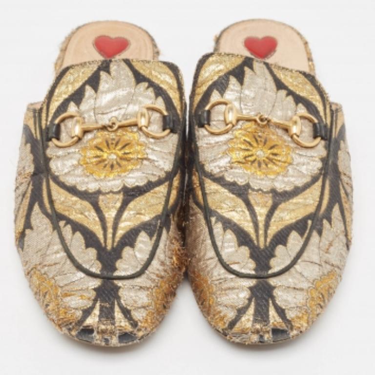 Gucci Brocado Metálico Tela Princetown Flat Mules Talla 37 Marrón en venta