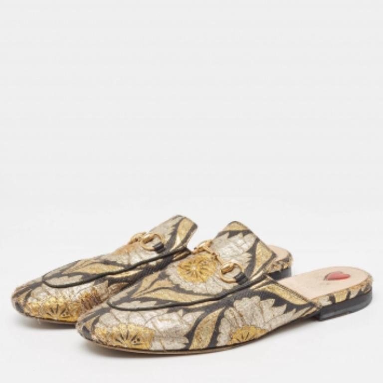 Gucci Brocado Metálico Tela Princetown Flat Mules Talla 37 en venta 3