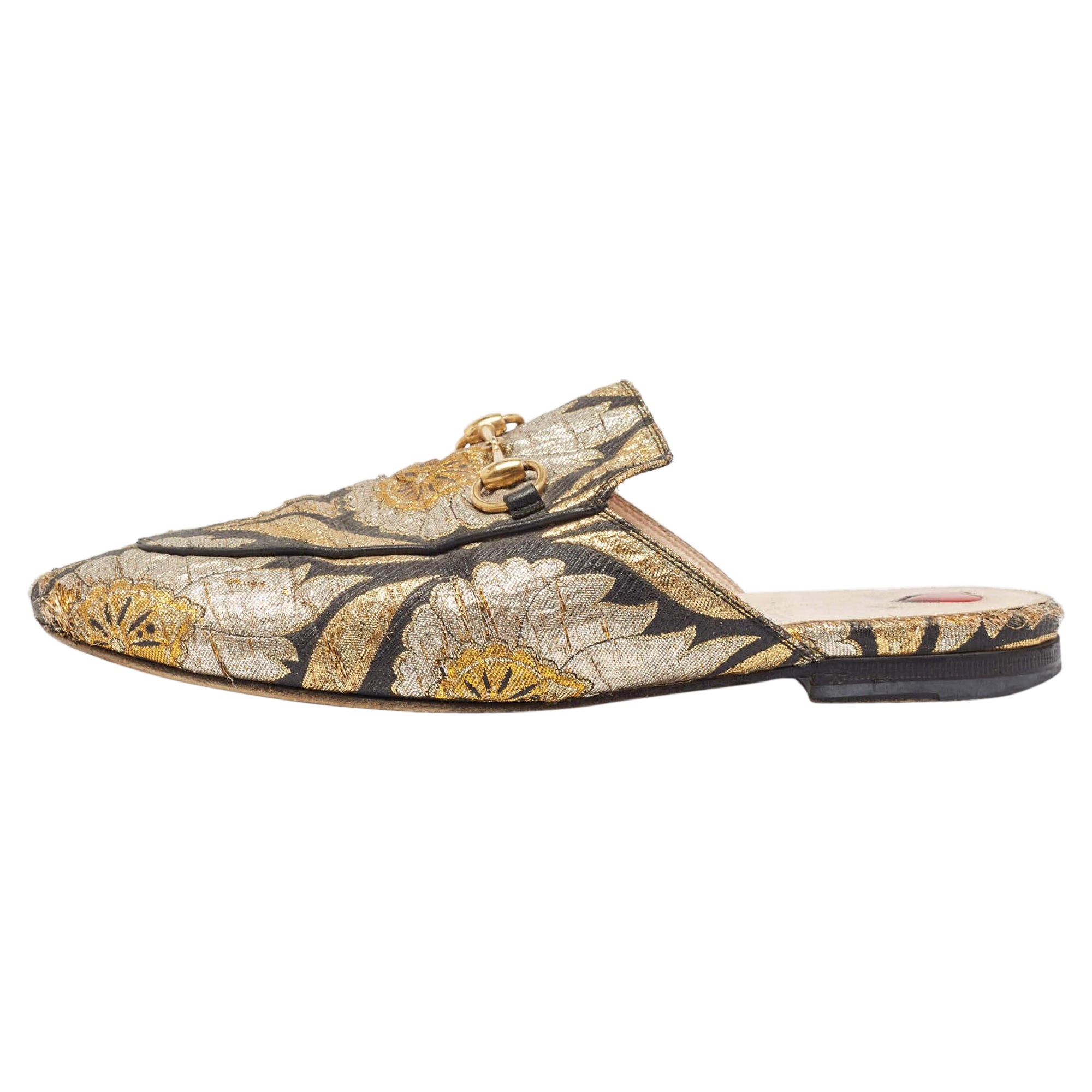 Gucci Metallic Brocade Fabric Princetown Flat Mules Size 37