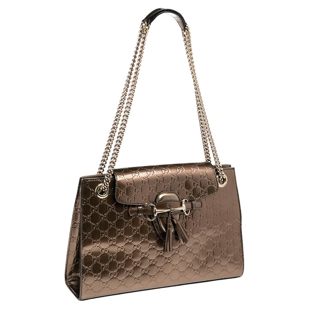 Gucci Metallic Bronze Guccissima Patent Leather Large Emily Chain Shoulder Bag In Good Condition In Dubai, Al Qouz 2