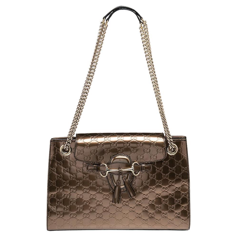 Gucci Metallic Bronze Guccissima Patent Leather Large Emily Chain Shoulder Bag