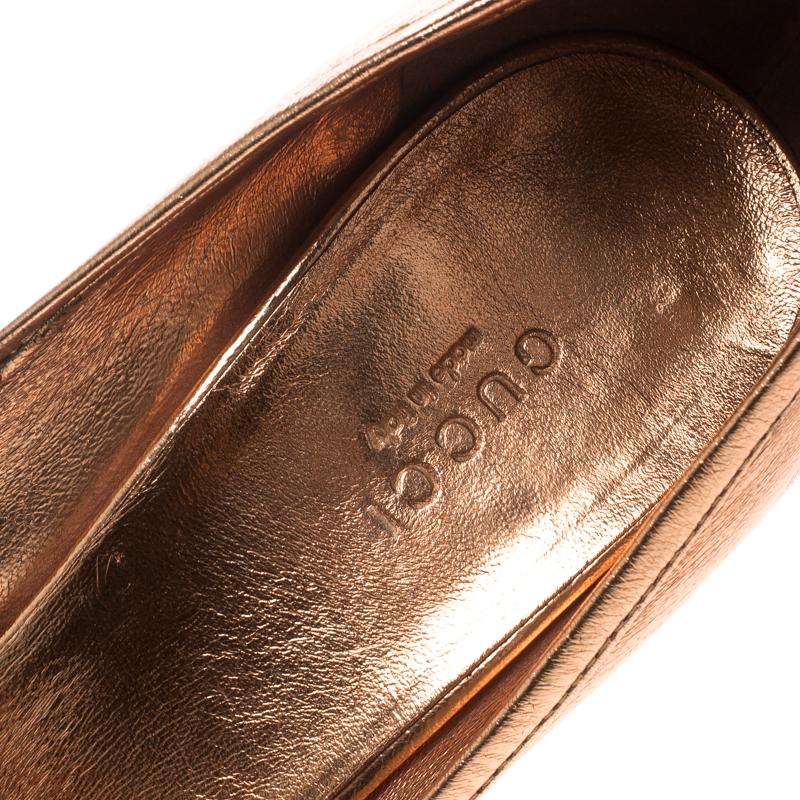 Women's Gucci Metallic Bronze Leather Bamboo Bow Peep Toe Pumps Size 37