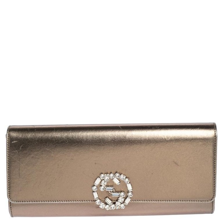 Gucci Metallic Bronze Leather Broadway GG Crystal Clutch For Sale 7
