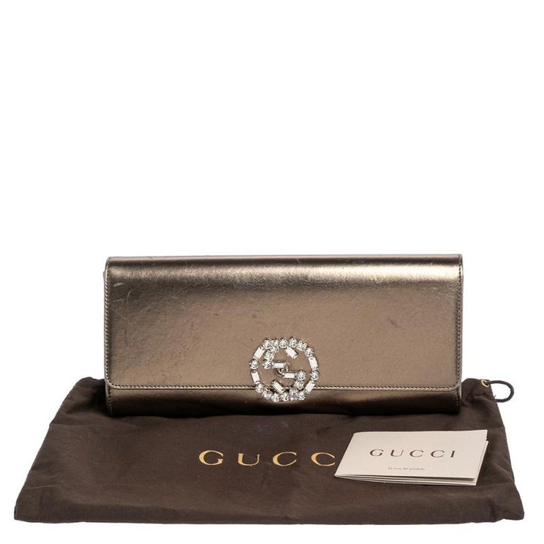 Gucci Metallic Bronze Leather Broadway GG Crystal Clutch For Sale 8