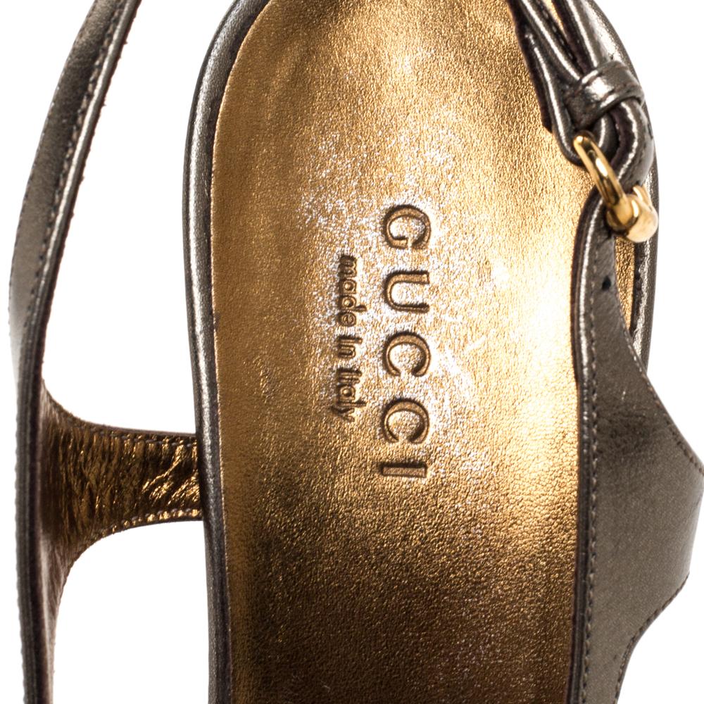 Brown Gucci Metallic Bronze Leather Strappy Platform Slingback Sandals Size 37