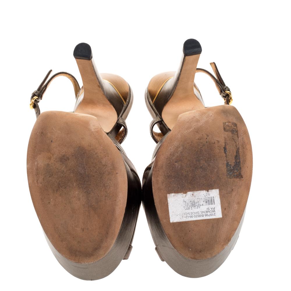 Gucci Metallic Bronze Leather Strappy Platform Slingback Sandals Size 37 In Good Condition In Dubai, Al Qouz 2