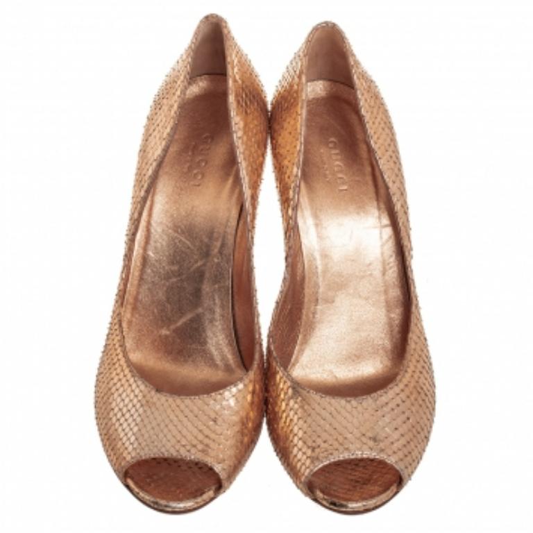 Brown Gucci Metallic Bronze Python Peep Toe Pumps Size 38.5