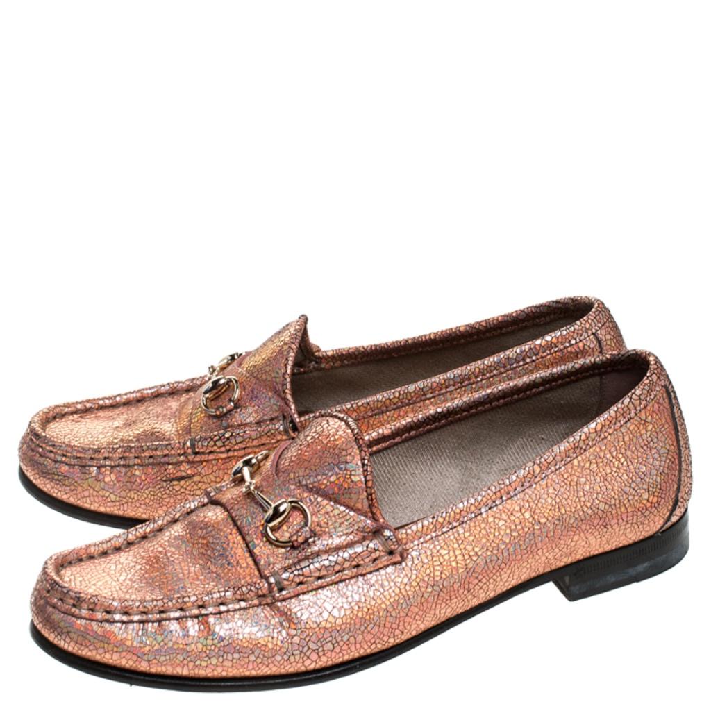 Brown Gucci Metallic Bronze Textured Leather Horsebit Slip On Loafers Size 36.5