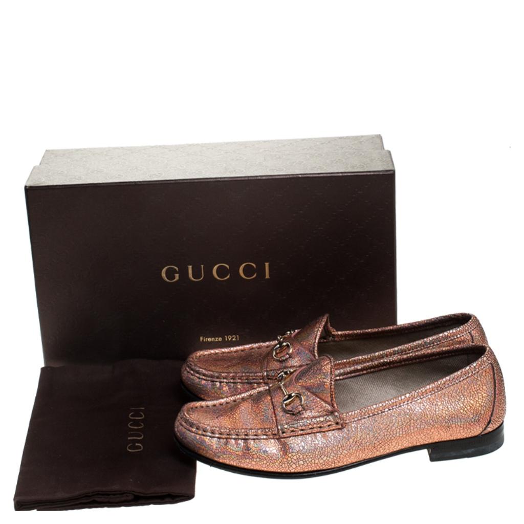 Women's Gucci Metallic Bronze Textured Leather Horsebit Slip On Loafers Size 36.5
