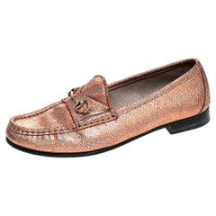 Gucci Metallic Bronze Textured Leather Horsebit Slip On Loafers Size 36.5