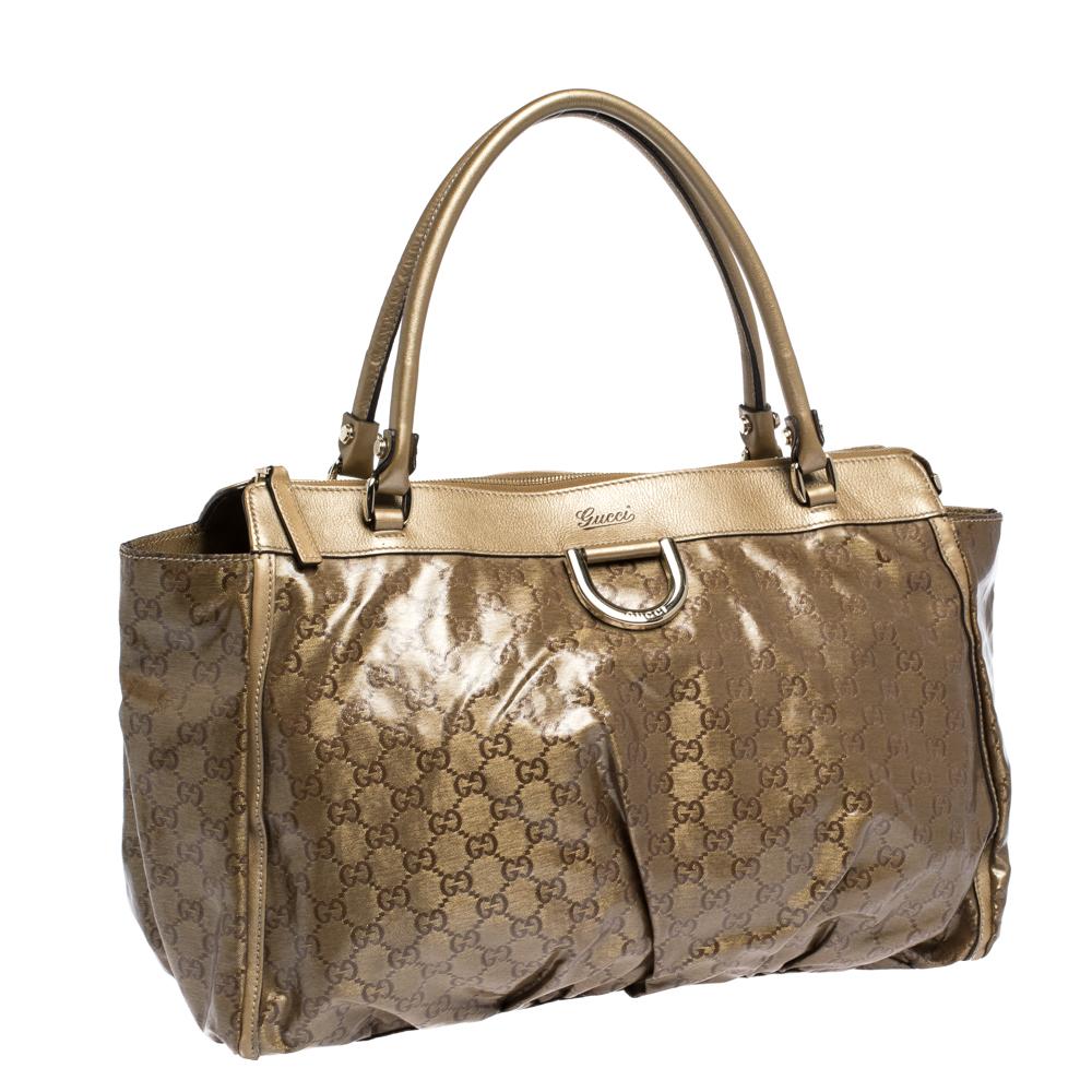 Gucci Metallic/Brown GG Crystal Canvas and Leather D Ring Tote 1