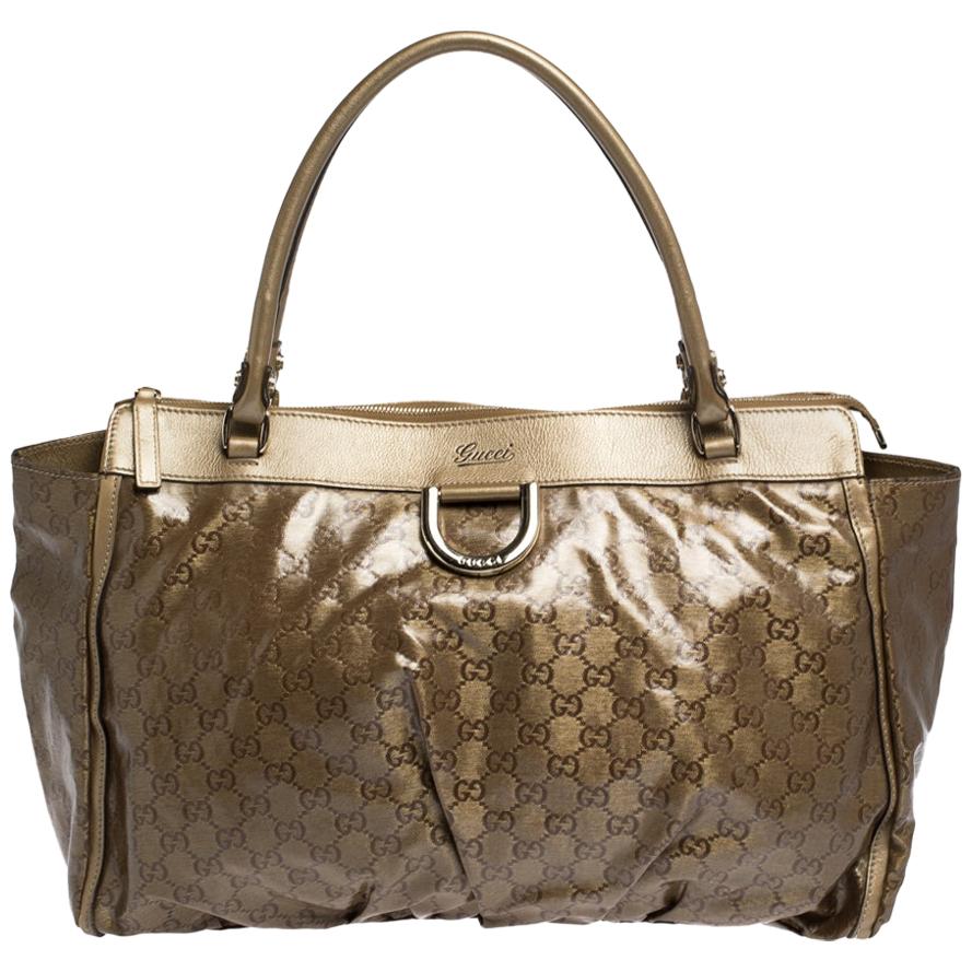 Gucci Metallic/Brown GG Crystal Canvas and Leather D Ring Tote