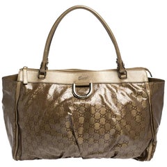 Gucci Metallic/Brown GG Crystal Canvas and Leather D Ring Tote