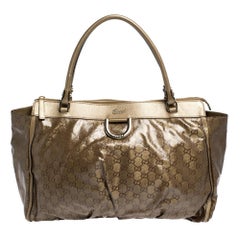 Gucci Metallic/Brown GG Crystal Canvas and Leather D Ring Tote