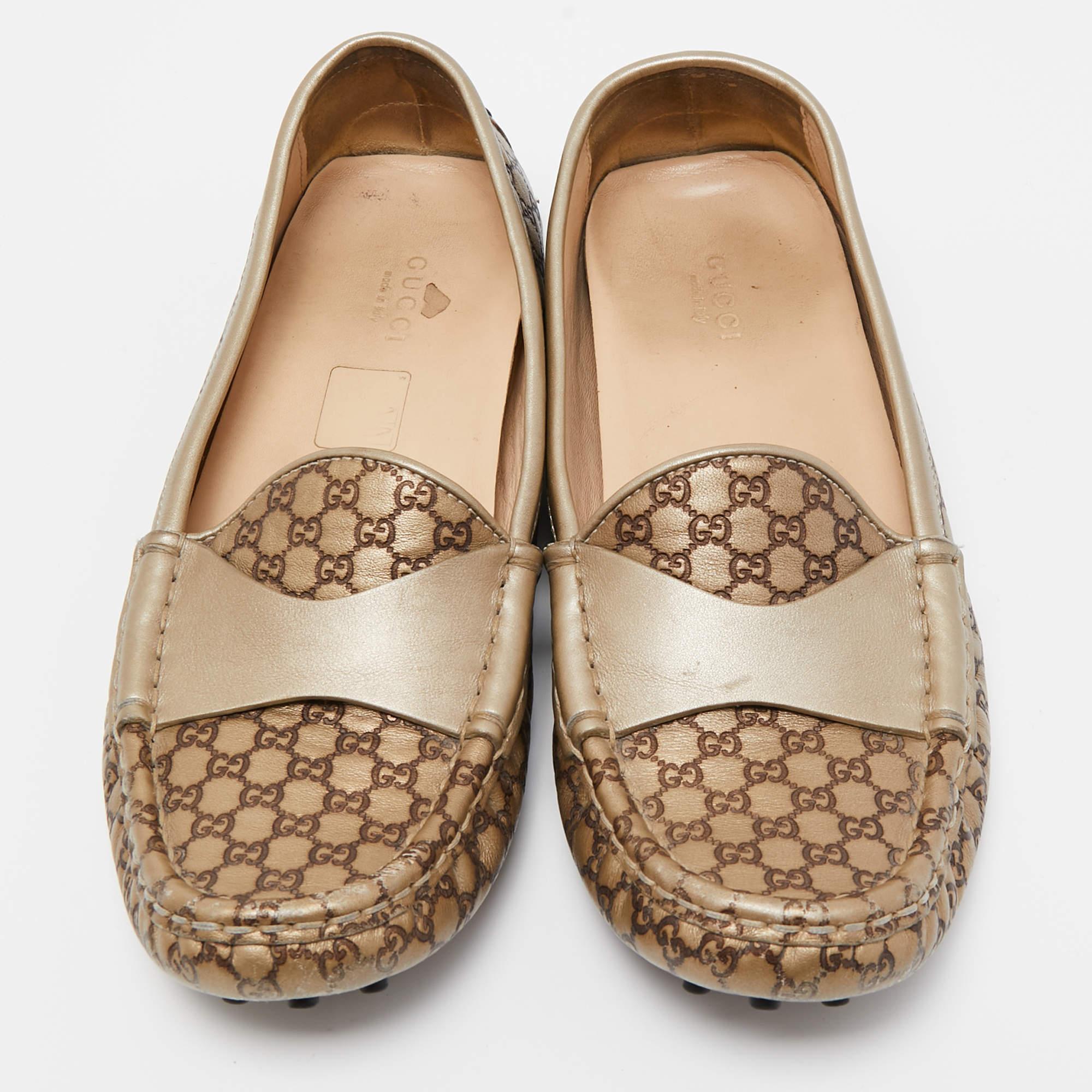 Gucci Metallic/Brown Leather Slip On Loafers Size 38 In Good Condition In Dubai, Al Qouz 2