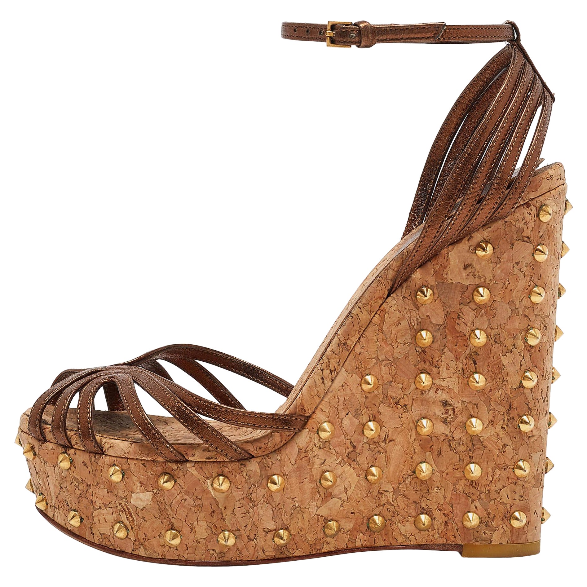 Gucci Metallic Brown Leather Studded Cork Platform Wedge Sandals Size 38.5