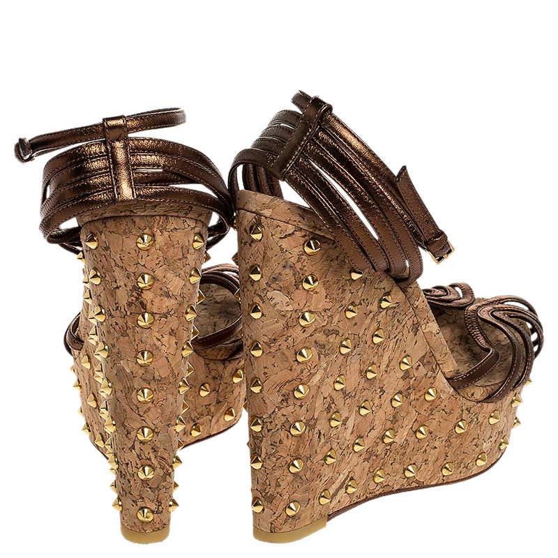 Gucci Metallic Brown Leather Studded Cork Wedge Platform Sandals Size 38 1
