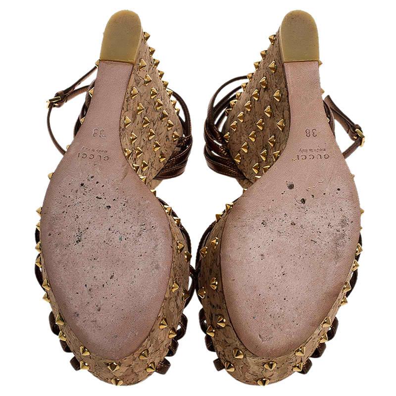 Gucci Metallic Brown Leather Studded Cork Wedge Platform Sandals Size 38 2