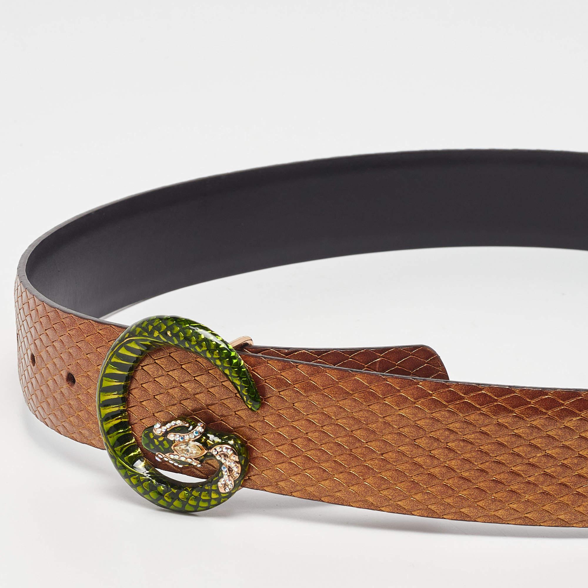 Gucci Metallic Brown Snakeskin Embossed Leather G Serpent Buckle Belt 90CM In Good Condition In Dubai, Al Qouz 2