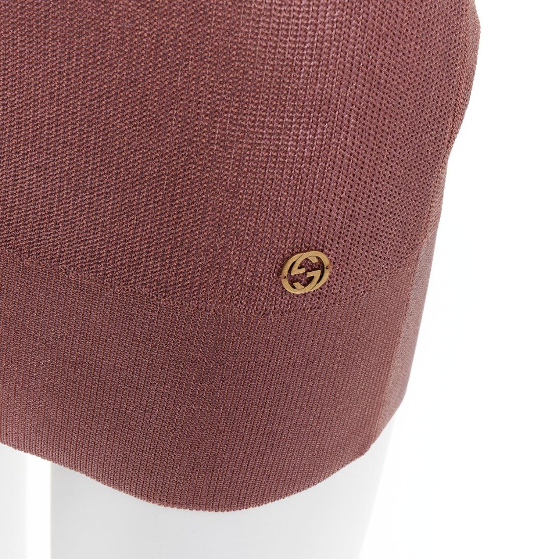 GUCCI metallic copper coated GG logo charm knit mini dress M
Reference: CC/A00480
Brand: Gucci
Material: Viscose
Color: Pink
Pattern: Solid
Closure: Pullover
Extra Details: GG logo charm at hem.
Made in: Italy

CONDITION:
Condition: Excellent, this