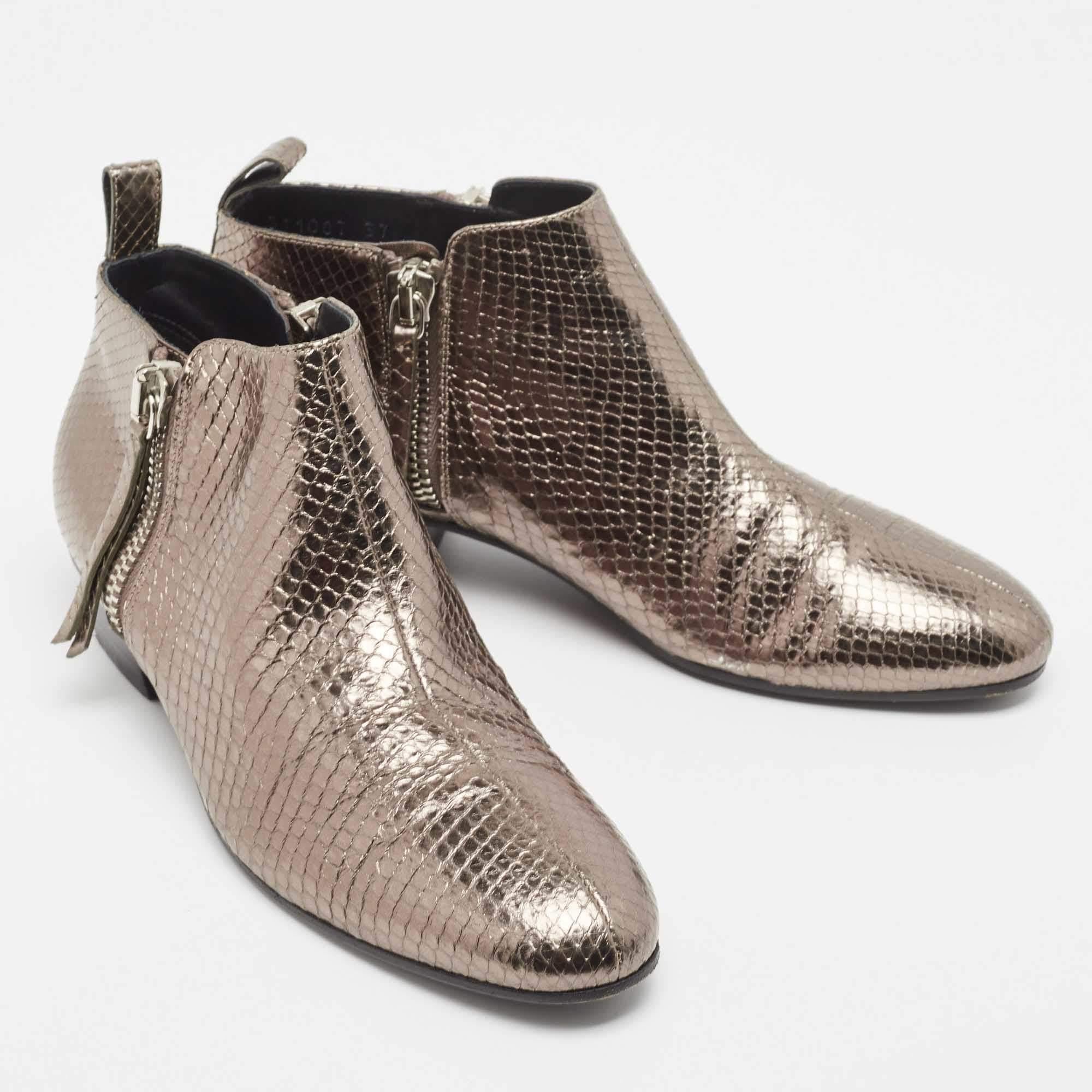  Gucci Metallic Embossed Python Ankle Boots Size 37 For Sale 1