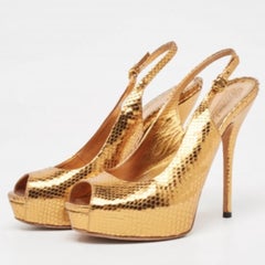 Gucci Metallic Embossed Snakeskin Sofia Peep Toe Singback Pumps Size 37.5