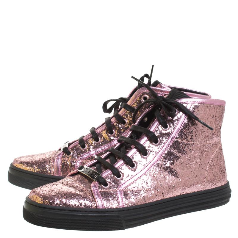 Women's Gucci Metallic Glitter Leather And Leather Trim California  Sneakers Size 38