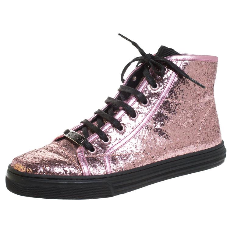 Gucci Metallic Glitter Leather And Leather Trim California  Sneakers Size 38