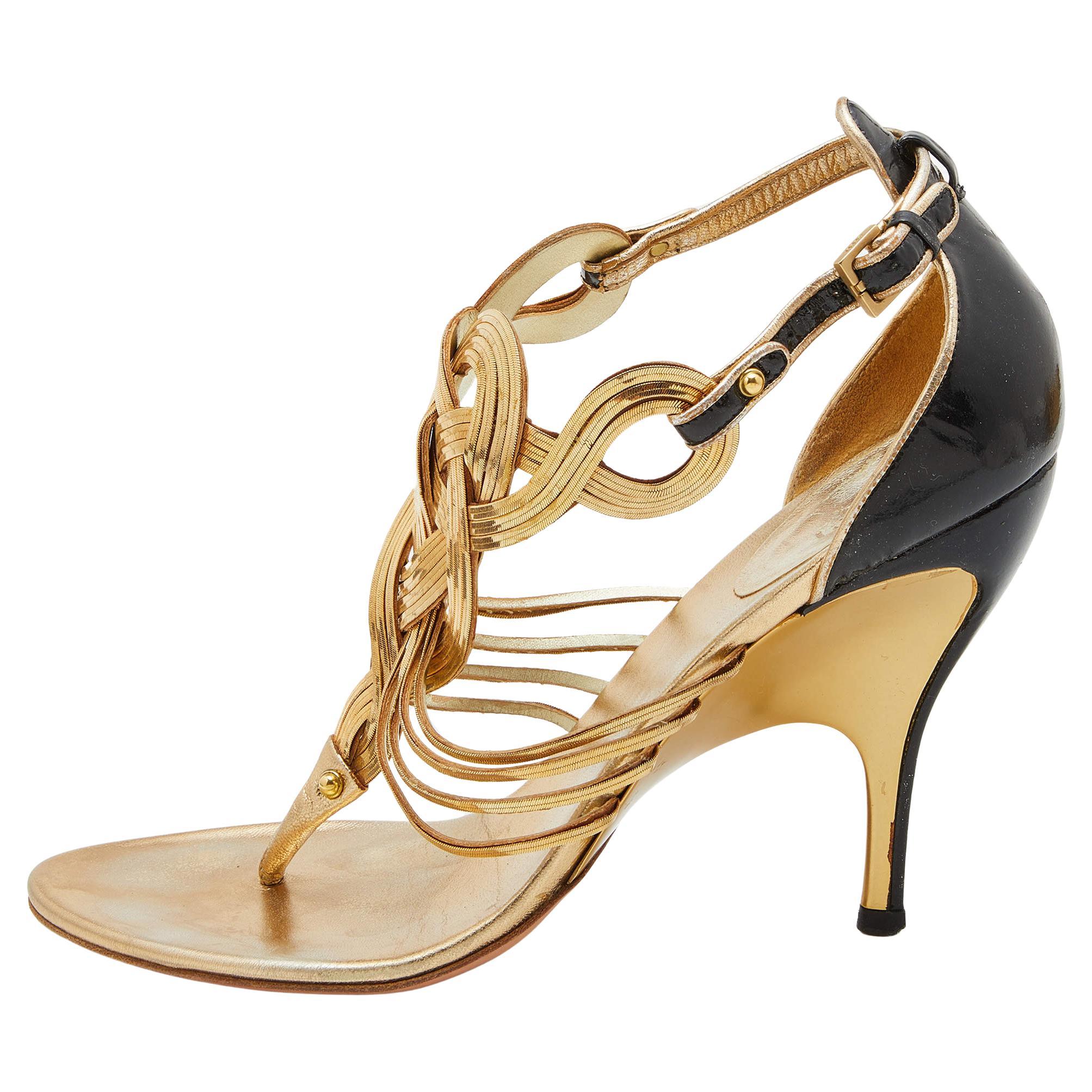 Gucci Metallic Gold/Black Leather Chain Occasion Ankle Strap Sandals Size 38 For Sale