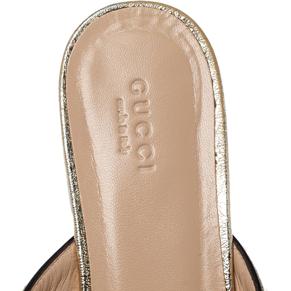 Gucci Metallic Gold Crackle Leather GG Marmont Kiltie Flat Mules Size 37 3