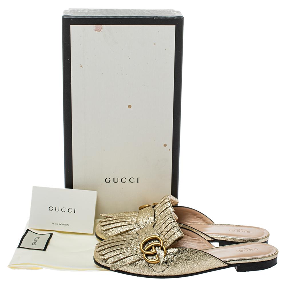 Gucci Metallic Gold Crackle Leather GG Marmont Kiltie Flat Mules Size 37 4