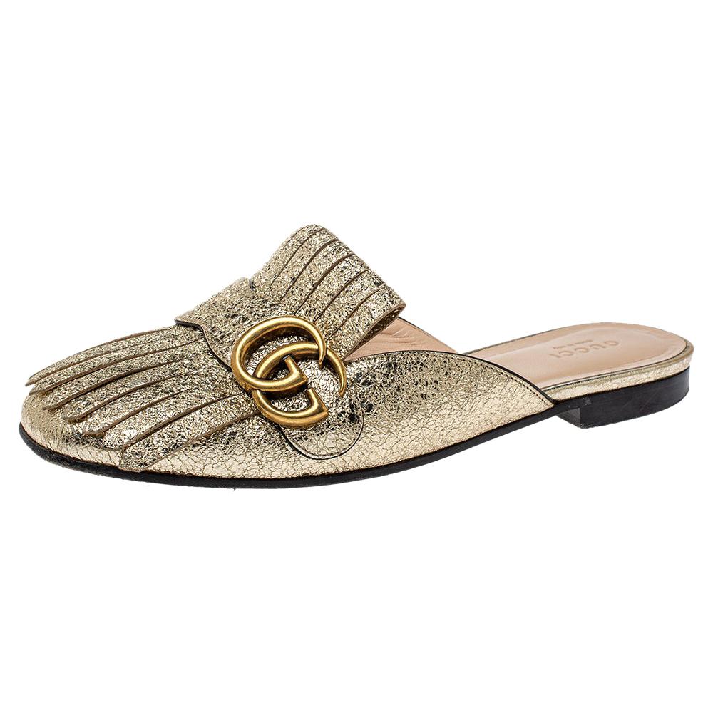 Gucci Metallic Gold Crackle Leather GG Marmont Kiltie Flat Mules Size 37