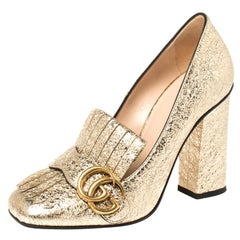 Gucci Metallic Gold Crinkled Leder GG Marmont Fransen Pumps Größe 36